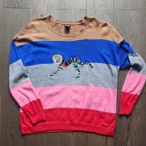 Desigual Oversized Multicolor Striped Sweater with Embroidered Monkey